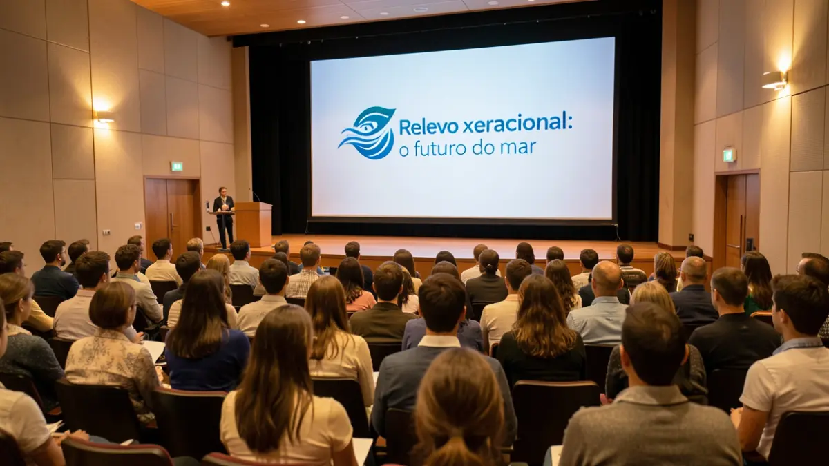 Generic image of an auditorium with people and a screen displaying a project logo.