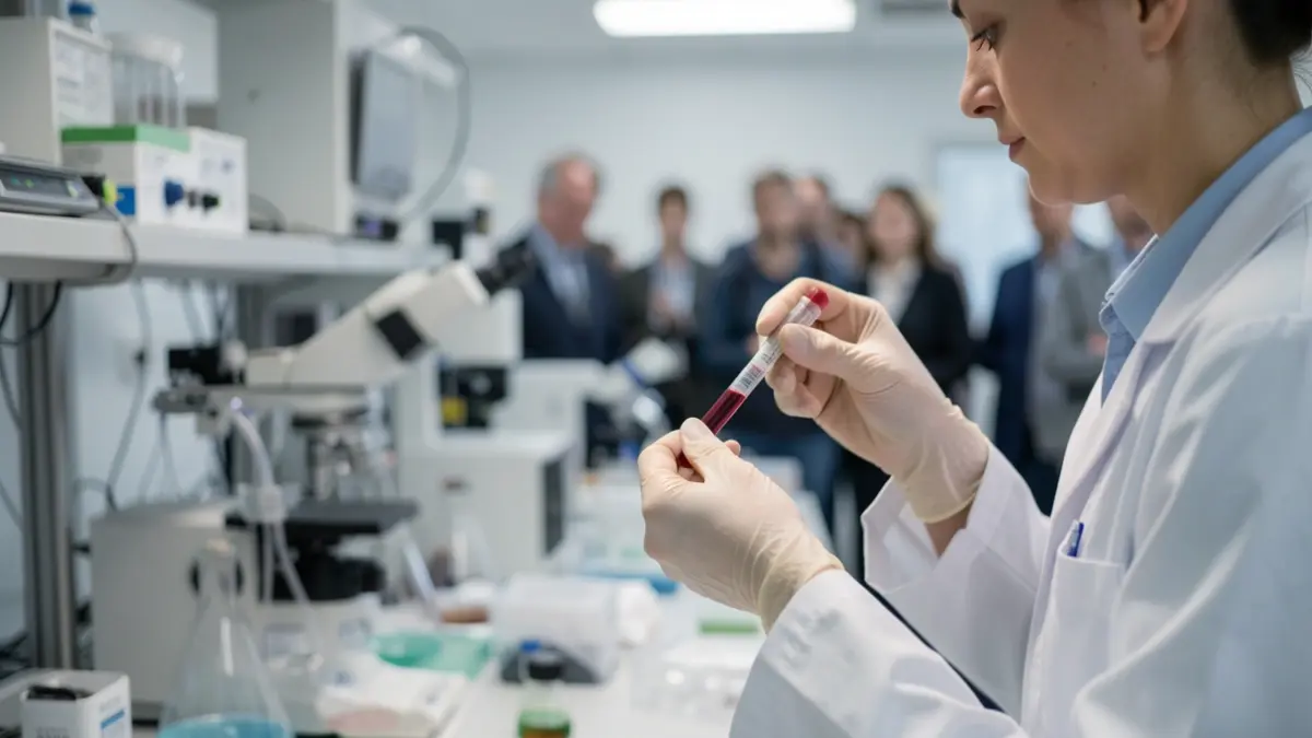 Imaxe xenérica dun profesional sanitario manipulando un tubo de mostra biolóxica nun laboratorio.