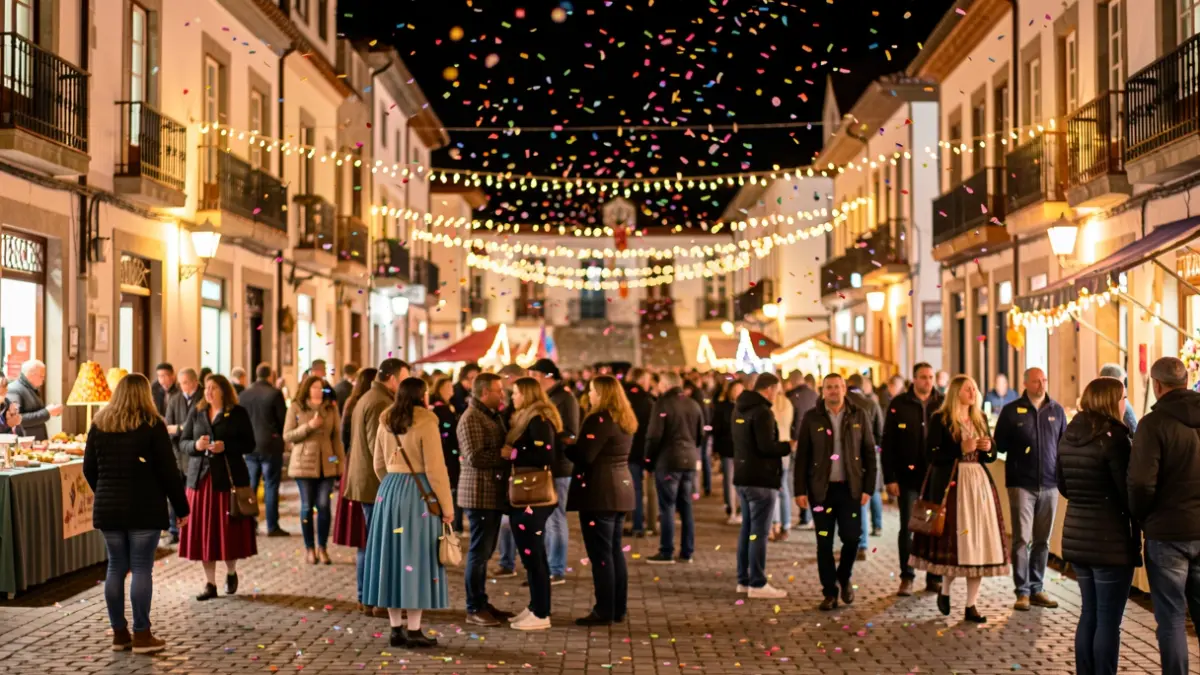 Imagen genérica de una plaza festiva de noche en Galicia con confeti y luces.