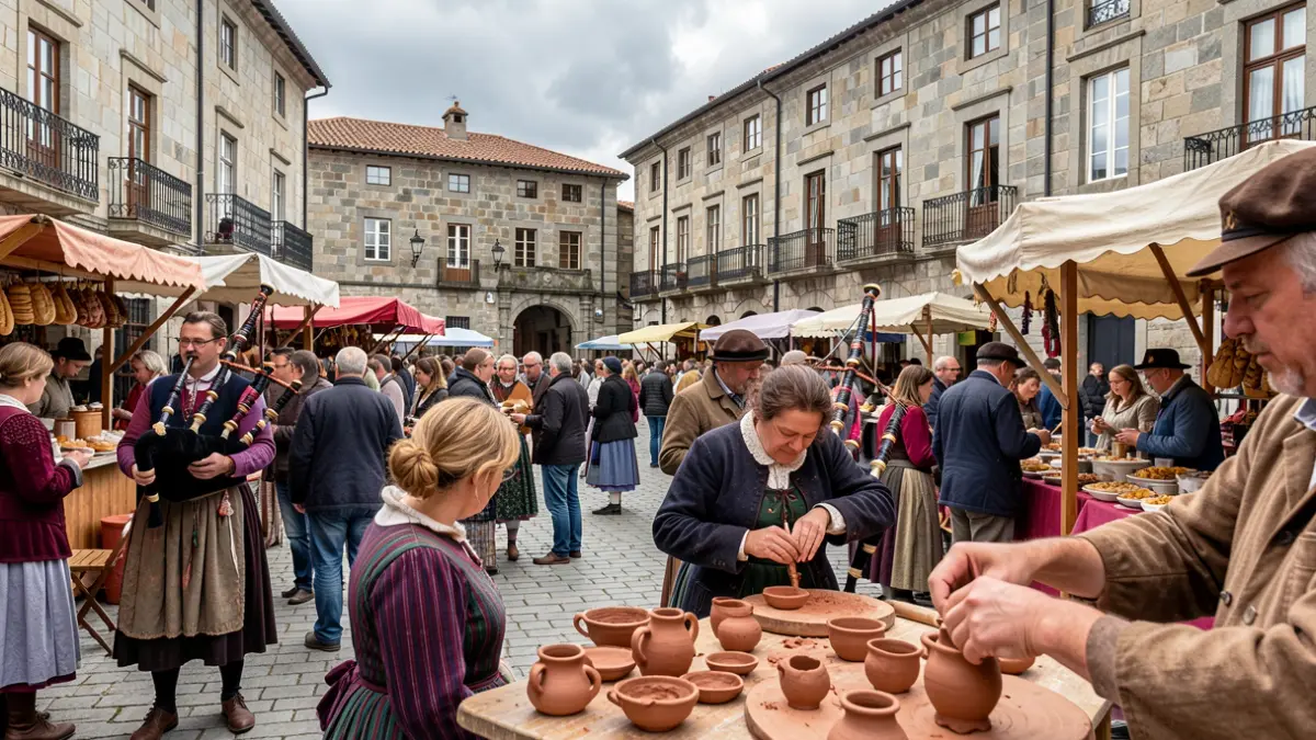 Generic image of a town square in Galicia filled with people enjoying music and traditional food stalls.