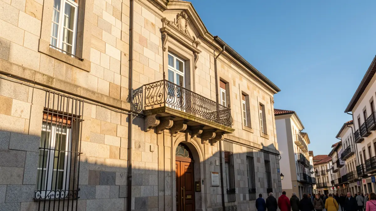 Imaxe xenérica dun concello galego con balcón de granito e sol de tarde.