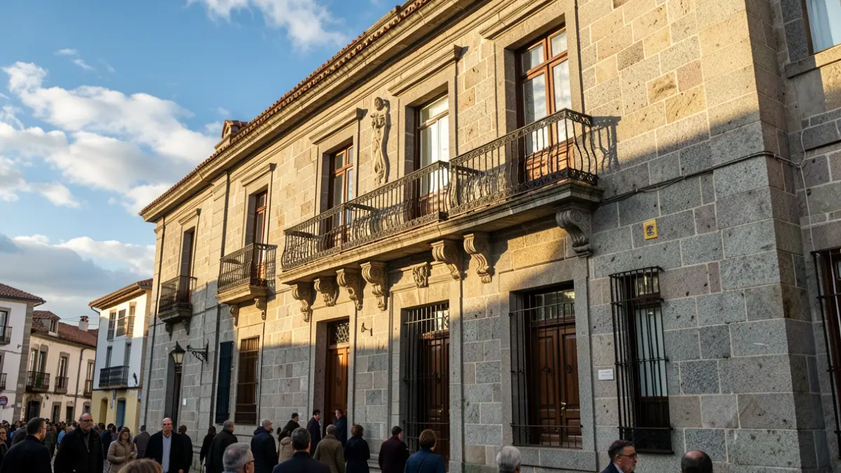 Imagen genérica de una fachada de ayuntamiento gallego de granito con balcón ornamentado y barandillas de hierro, bajo la luz del sol de la tarde.