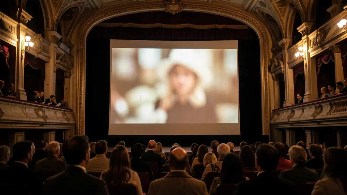 Generic image of a projection screen in a theater with ornate architecture.