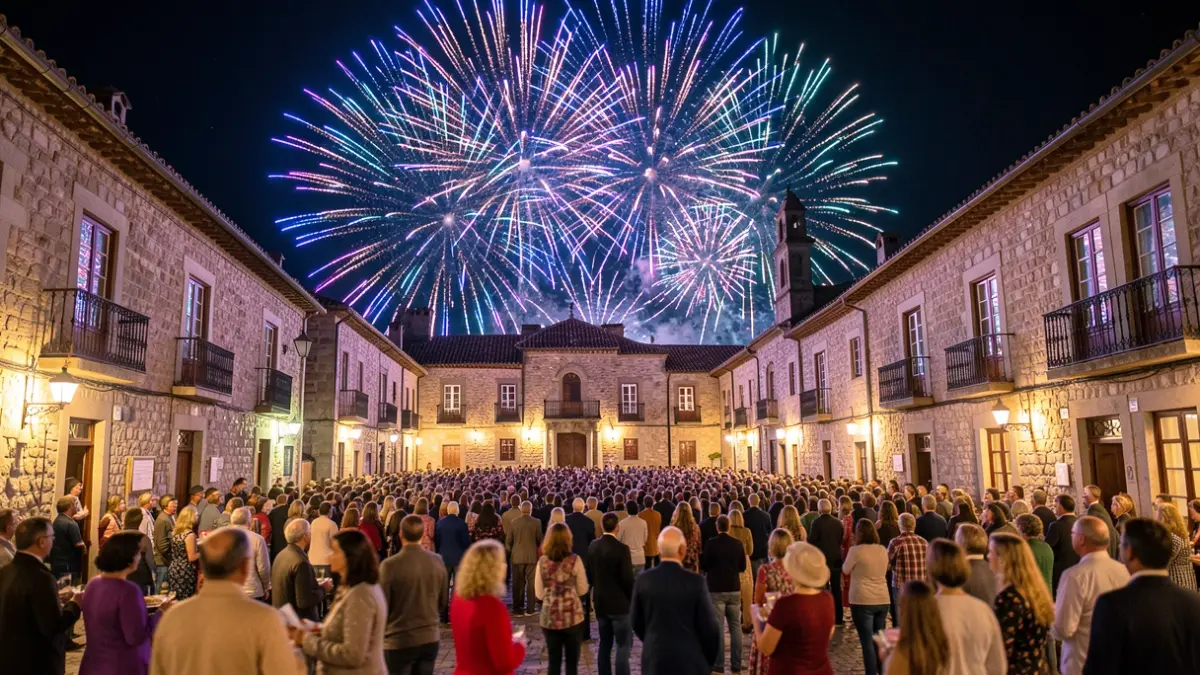 Espectáculo de luces de drons sobre unha praza histórica de Galicia.