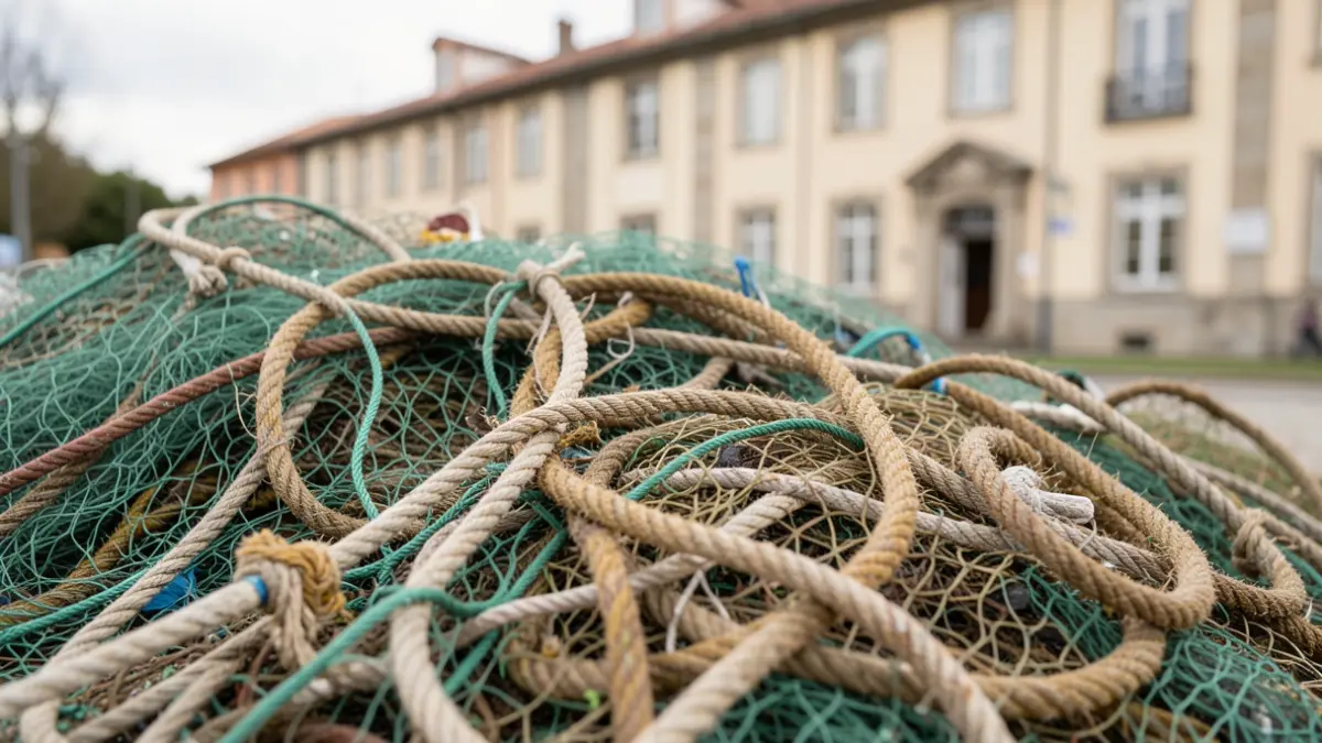 Primer plano de redes de pesca y cuerdas enredadas, simbolizando residuos y reciclaje, con un fondo difuminado de un edificio universitario en Galicia.