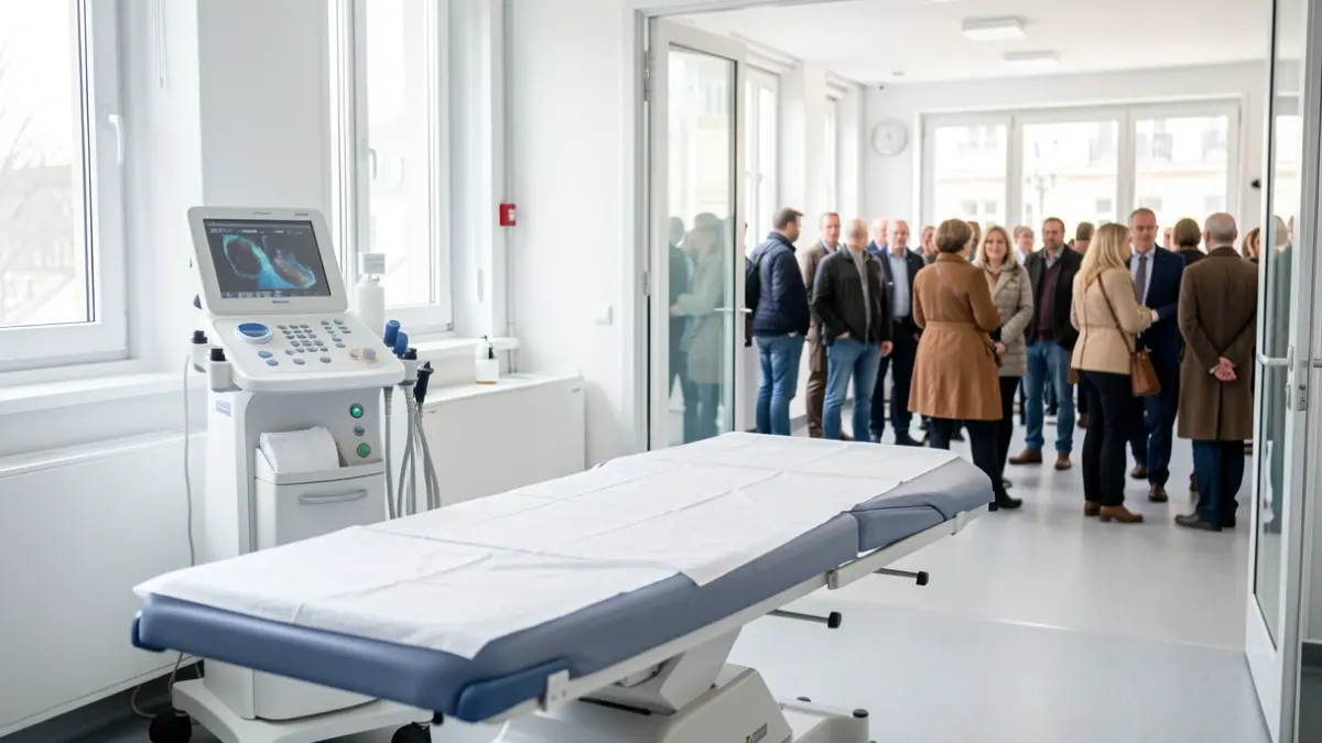 Generic image of a medical examination room with examination table and medical equipment, soft daylight, sterile environment, no people.