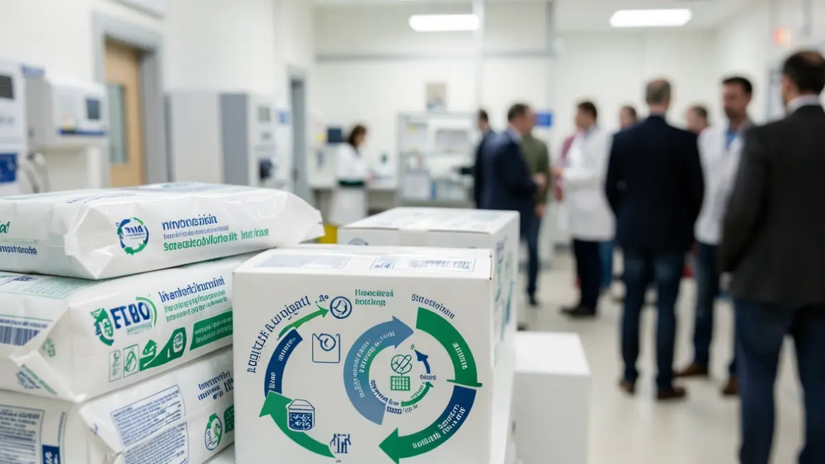 Imagen genérica de elementos de la cadena de suministro sanitario y gráficos de economía circular.