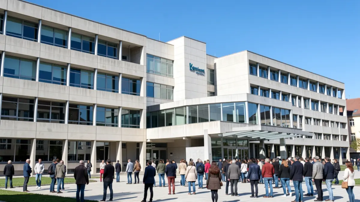 Imaxe xenérica dun hospital público galego con arquitectura moderna e ceo despexado.