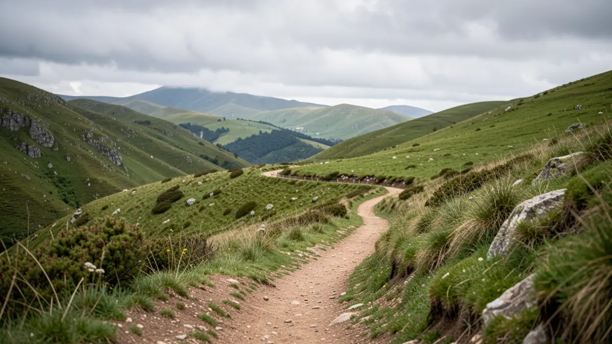 Imaxe xenérica dun sendeiro de montaña en Galicia con camiño de terra e vexetación.