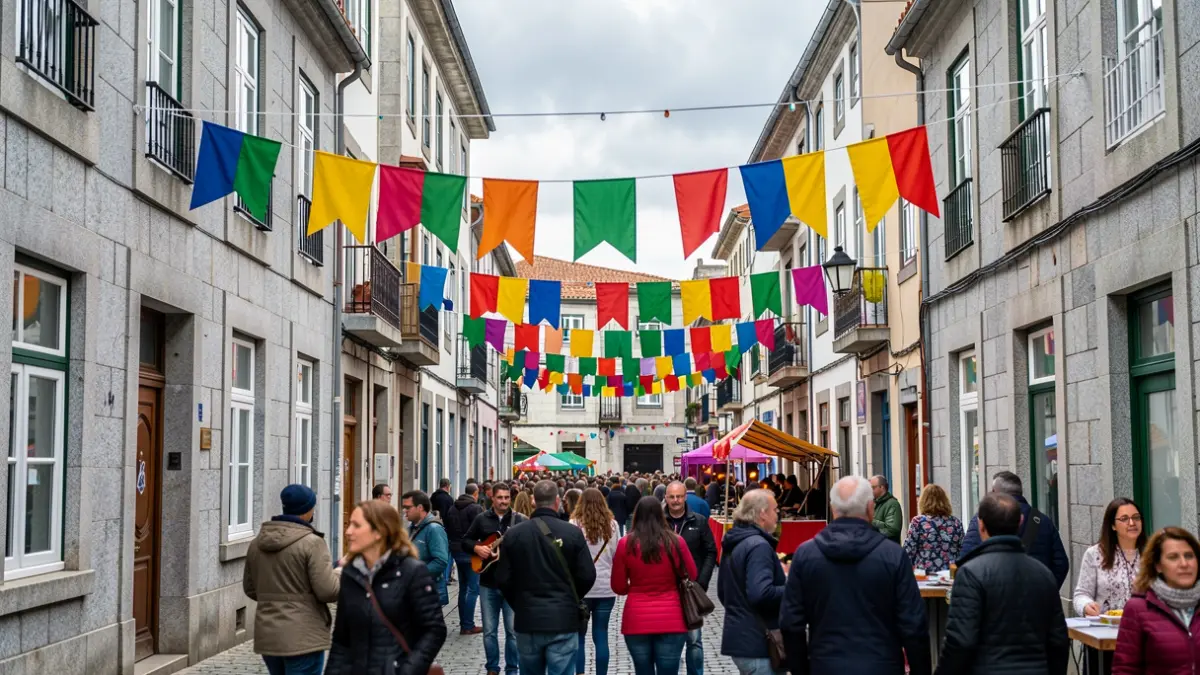 Imaxe dunha rúa do barrio do Ventorrillo na Coruña durante unha festa popular, con bandeiras de cores e xente gozando.