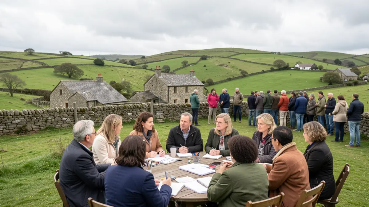 Imagen genérica de personas colaborando en un entorno rural gallego.