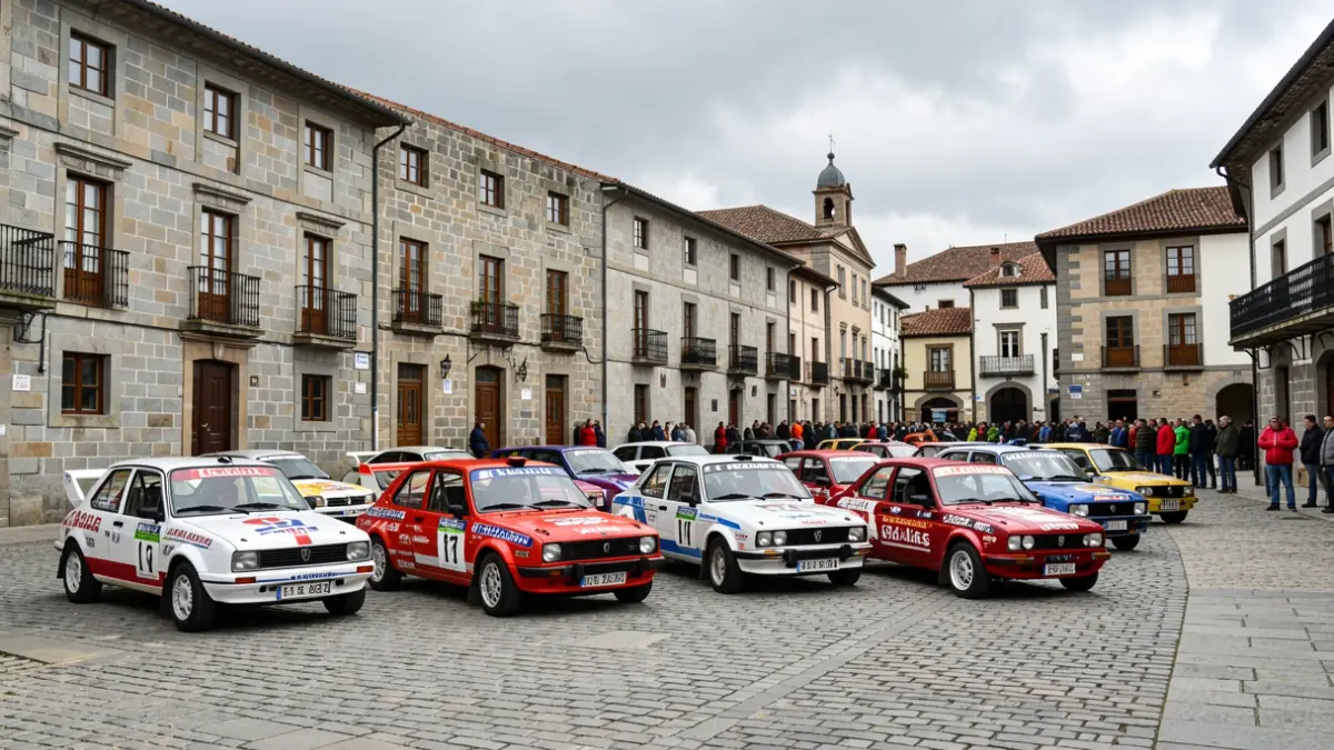 Generic image of classic cars in a square with granite buildings and a cloudy sky.