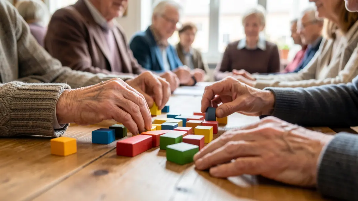 Generic image of elderly hands performing memory exercises with colorful blocks on a wooden table.