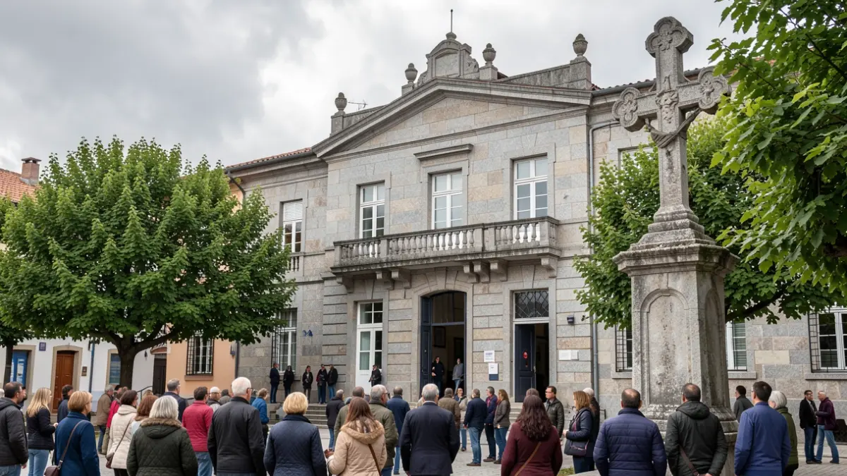 Generic image of a Galician town hall made of stone with a balcony and a cruceiro.