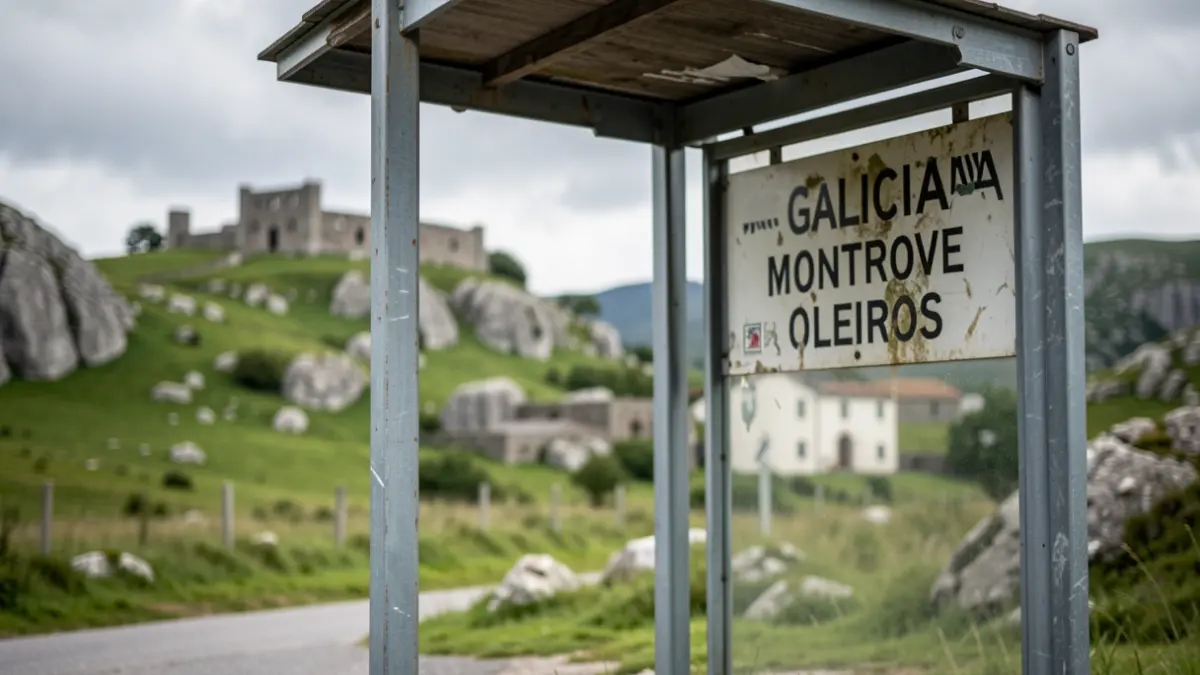 Unha parada de autobús en Galicia co nome de Montrove e Oleiros, cun fondo de colinas verdes e arquitectura de granito.