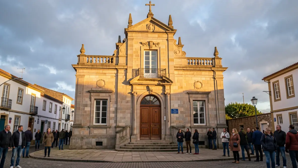 Imaxe xenérica do Concello de Oleiros, un edificio de granito baixo un ceo nubrado.