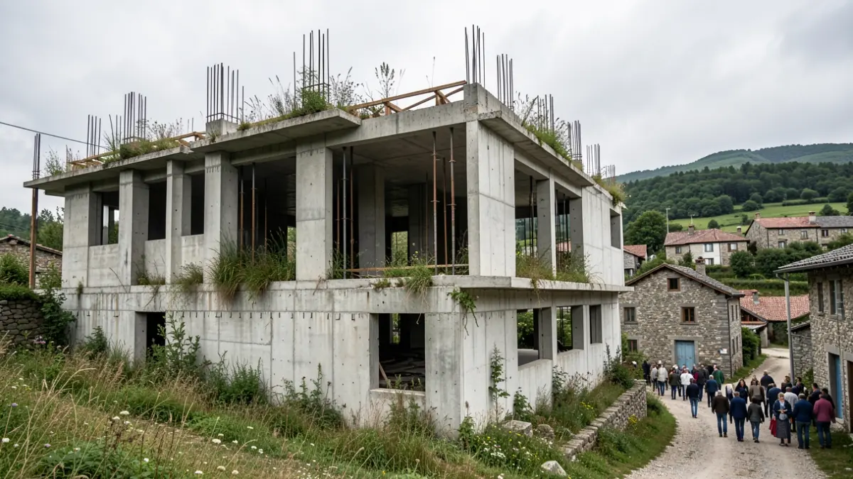 Imagen de un edificio inacabado en Oleiros, con un entorno rural gallego.