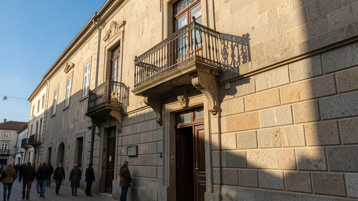 Generic image of a Galician granite town hall facade with an ornate balcony and iron railings, warm afternoon light.