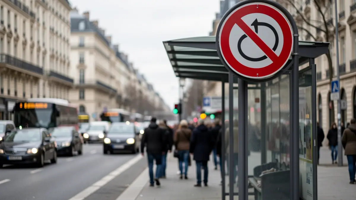 Imagen genérica de una parada de autobús con un cartel de ruta circular, tráfico urbano difuminado y cielo nublado.