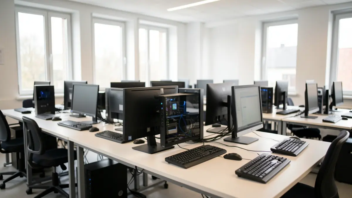 Imagen genérica de un aula de informática moderna con ordenadores.