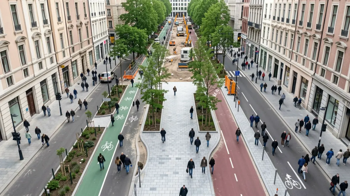 Imaxe aérea dunha importante arteria urbana en remodelación, con novos carrís bici, zonas peonís e espazos verdes.