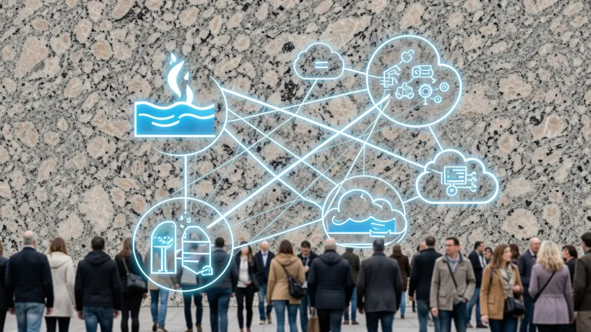 Generic image of digital network lines connecting municipal management icons on a granite texture background.