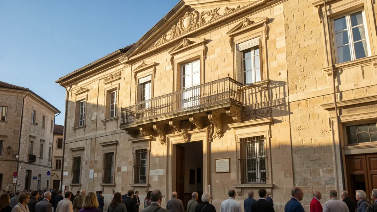 Imagen genérica de una fachada de ayuntamiento de piedra con balcón ornamentado y barandillas, cálida luz solar de la tarde proyectando sombras en las paredes de arenisca, cielo azul, estilo fotografía documental.