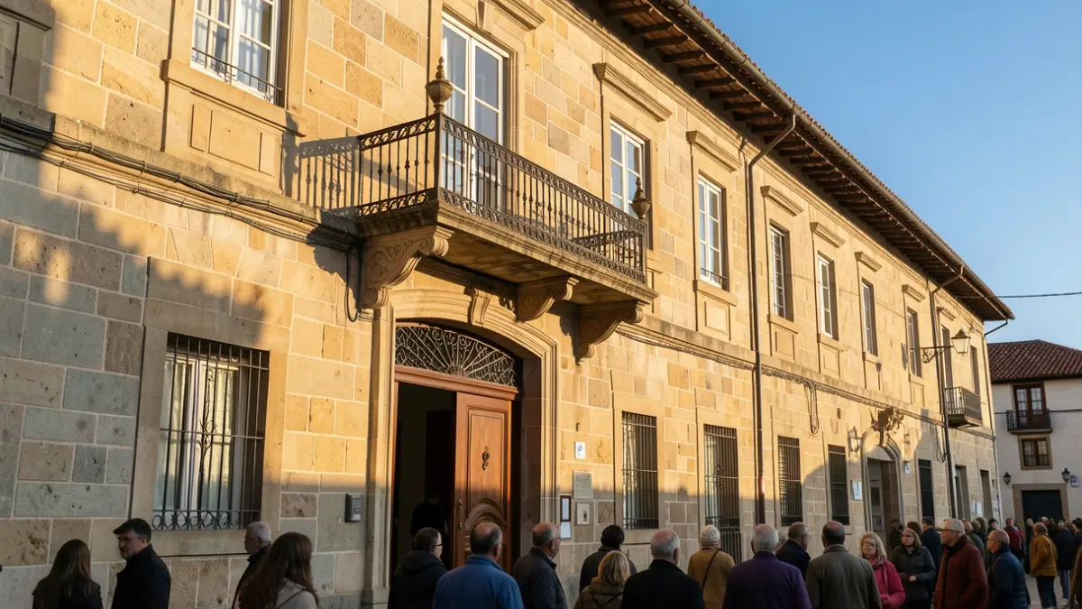 Imagen genérica de una fachada de ayuntamiento tradicional gallego con balcón ornamentado y barandillas de hierro, bajo la luz del sol de la tarde.