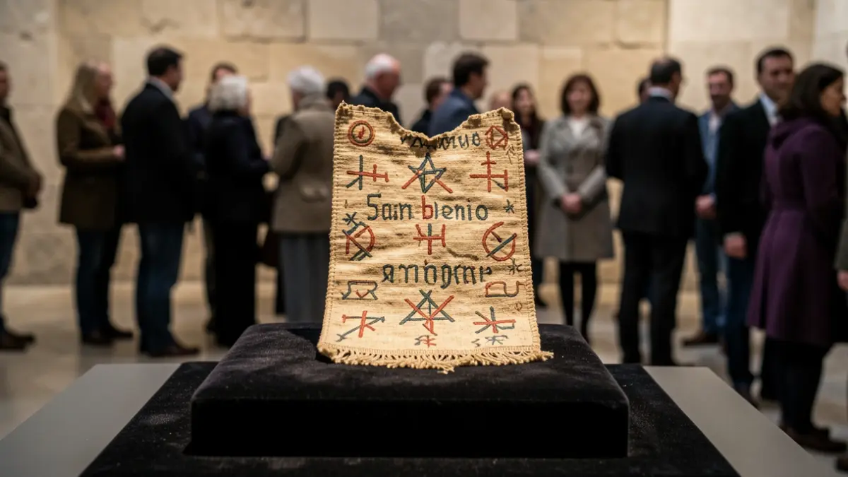 Generic image of an ancient textile artifact, a 'sambenito', displayed under museum lighting.