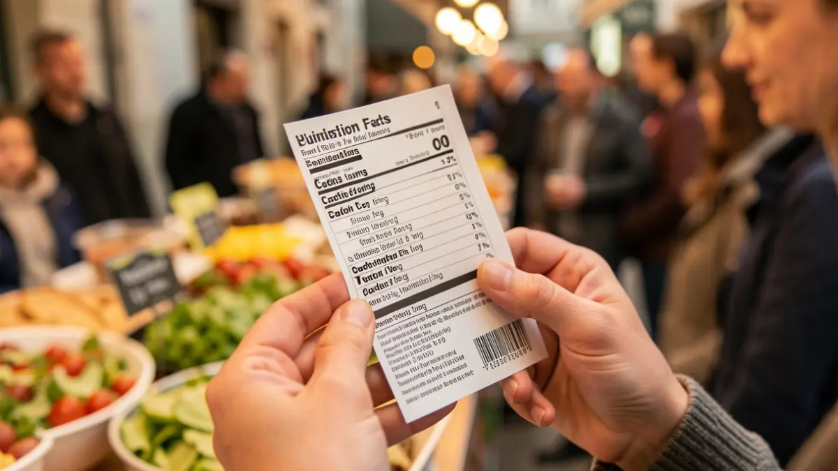 Primer plano de una mano sosteniendo una etiqueta de producto alimentario, con alimentos saludables desenfocados al fondo.