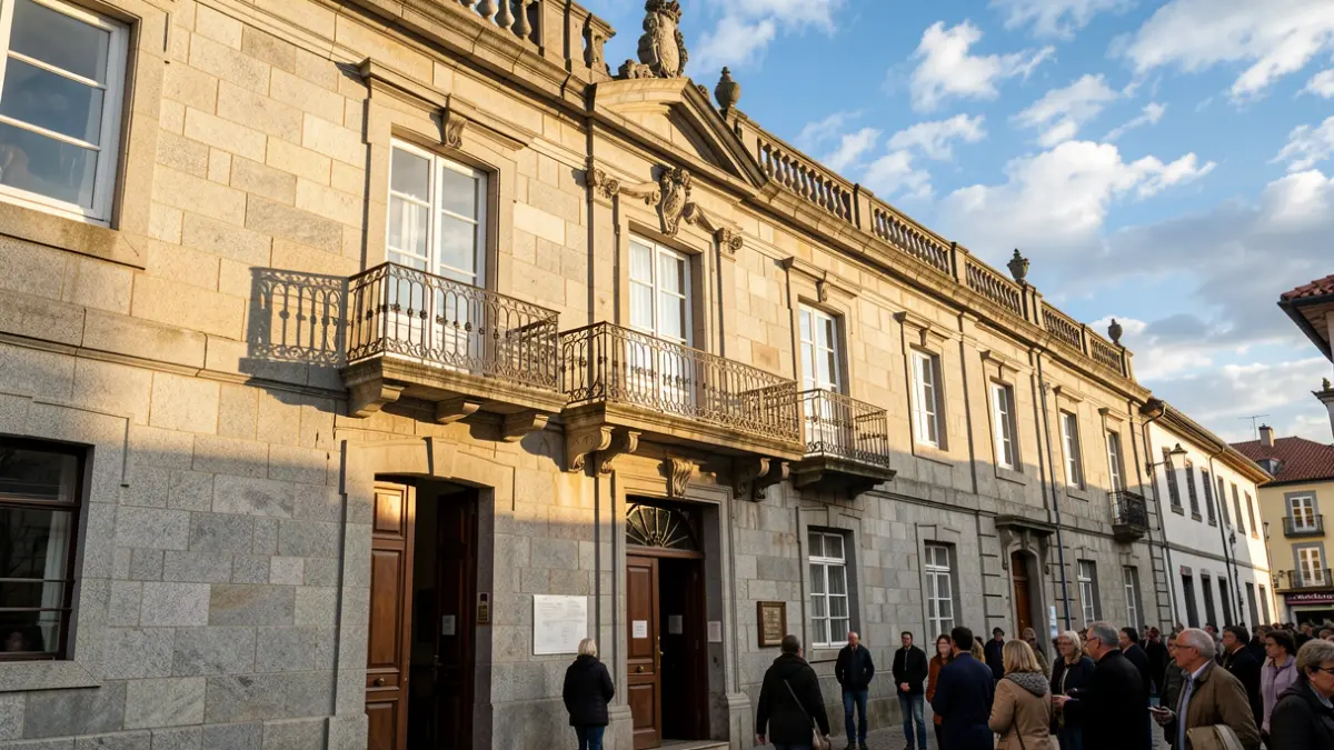 Imaxe xenérica dunha casa consistorial galega de granito con balcón e reixas de ferro.