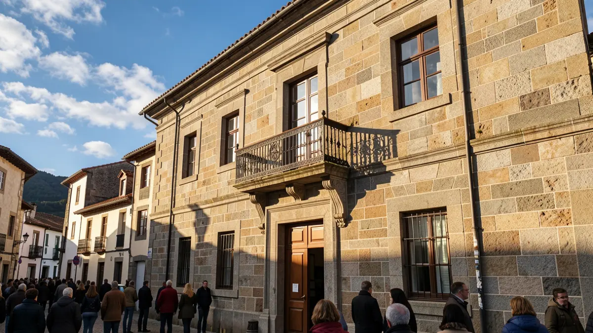 Fachada de un ayuntamiento de granito en Parada de Sil con balcón y rejas de hierro, luz de tarde.