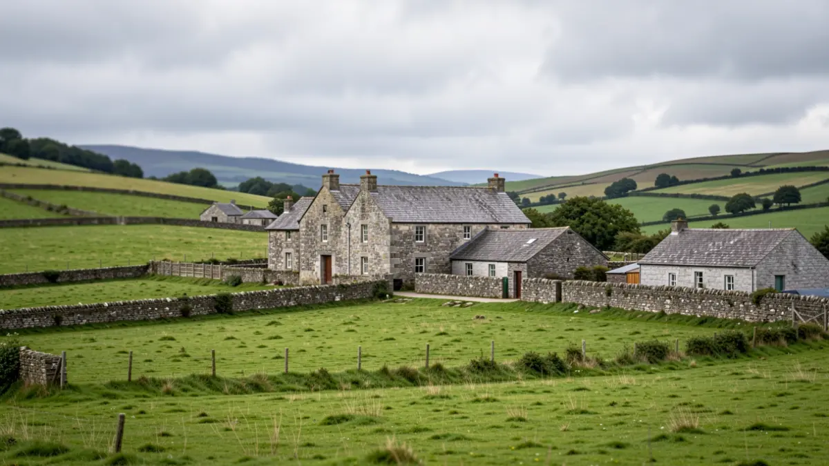 Generic image of a rural Galician landscape with stone buildings and green fields under a cloudy sky.