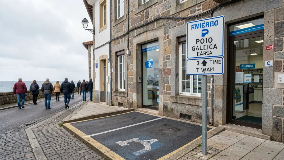 Una plaza de aparcamiento de tiempo limitado señalizada cerca de una farmacia en Poio.