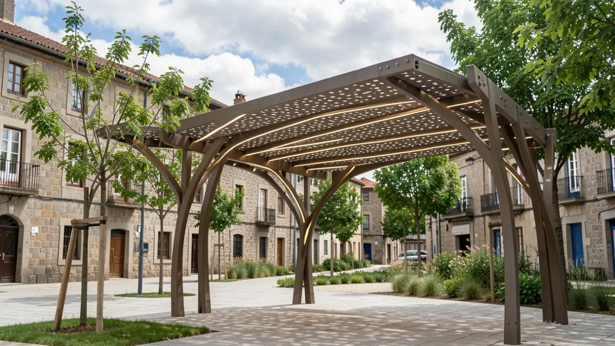 Generic image of an urban square featuring modern pergolas, trees, and traditional Galician architecture.
