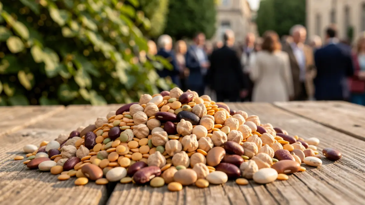 Generic image of different types of legumes on a rustic wooden surface with blurred green foliage in the background.