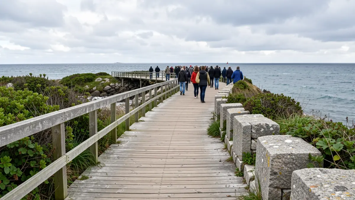 Generic image of coastal wooden boardwalks with granite elements and green vegetation under a cloudy sky.