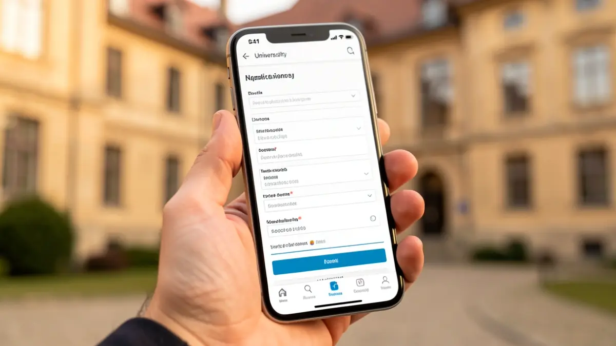 Imagen de una mano sosteniendo un smartphone con un formulario universitario, con edificios universitarios desenfocados al fondo.