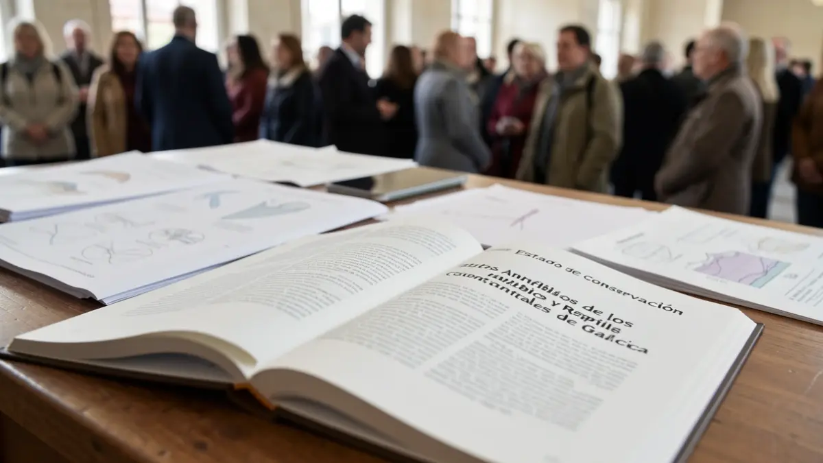 Primeiro plano dun libro aberto sobre un escritorio de madeira, con diagramas científicos e notas desenfocadas ao fondo.