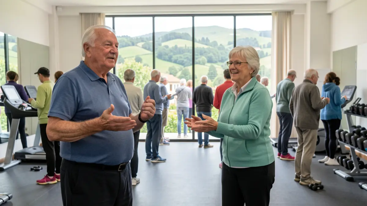 Persoas maiores participando nun programa de exercicio supervisado nun ximnasio comunitario en Galicia.