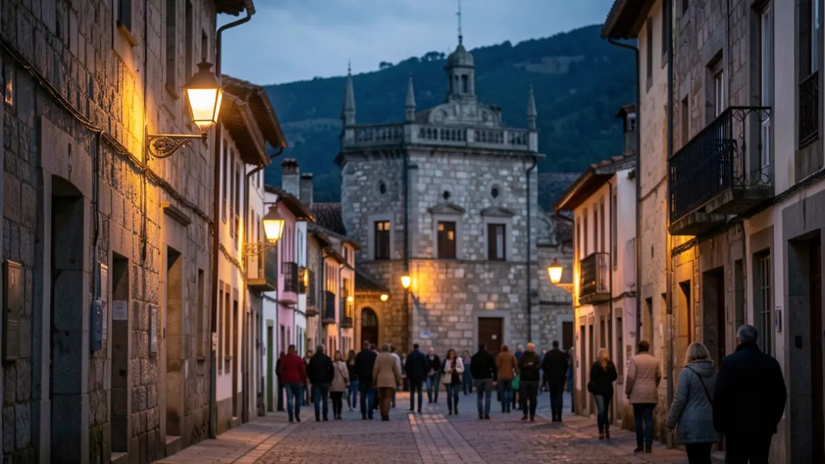 Imagen genérica de alumbrado público en una calle de Galicia al anochecer.