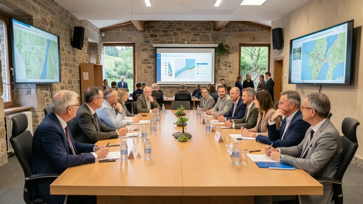 Imaxe dunha sala de reunións con representantes de institucións discutindo sobre xestión hídrica.