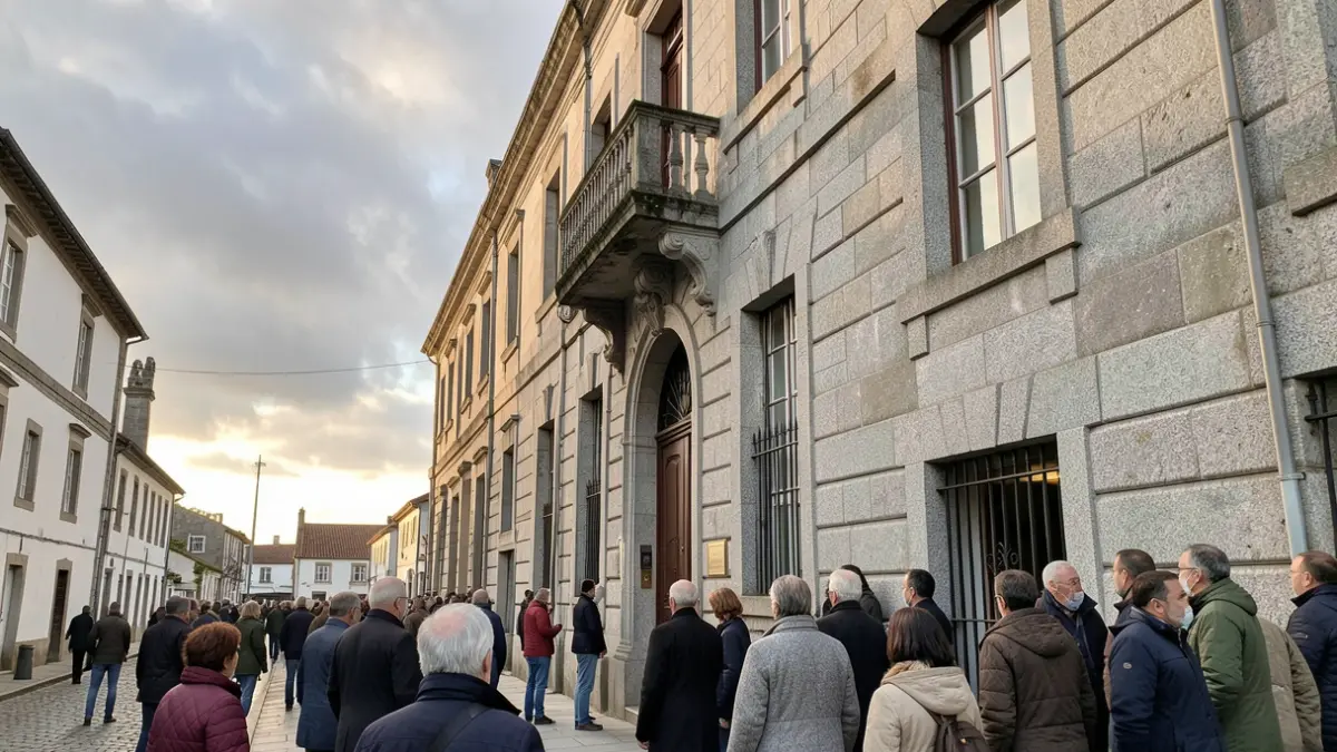 Imaxe xenérica dun edificio municipal de pedra con balcón baixo ceo nubrado de Galicia.