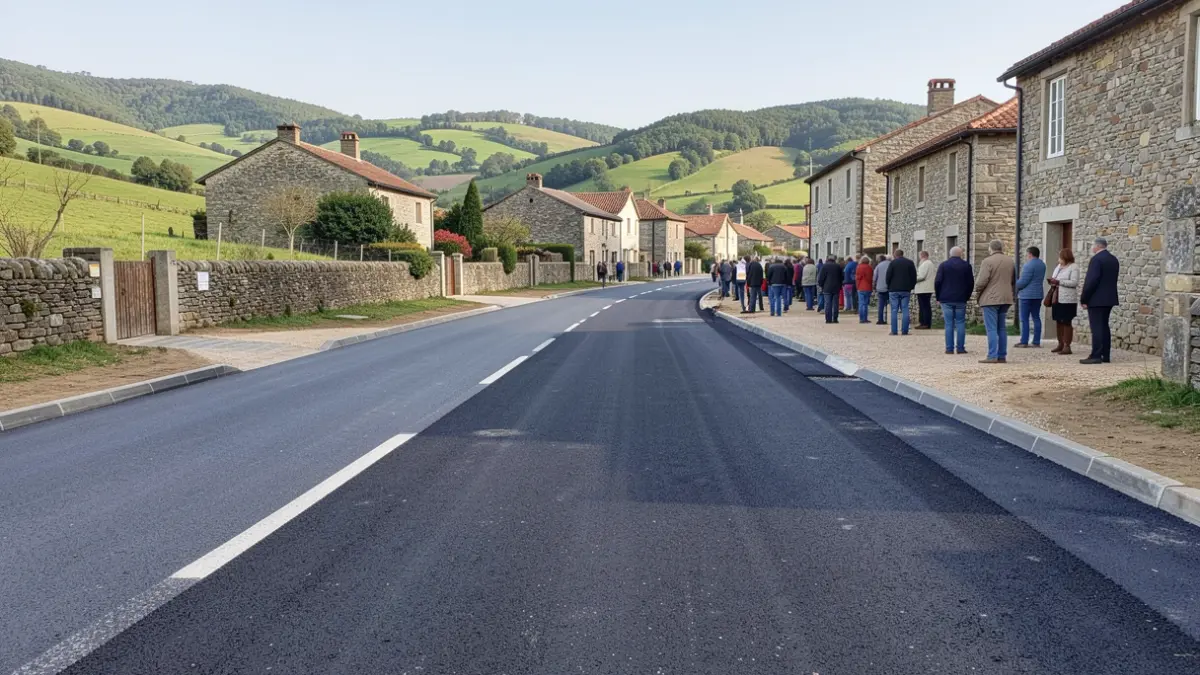 Imagen genérica de obras de asfaltado en una aldea gallega con casas de piedra y colinas verdes.