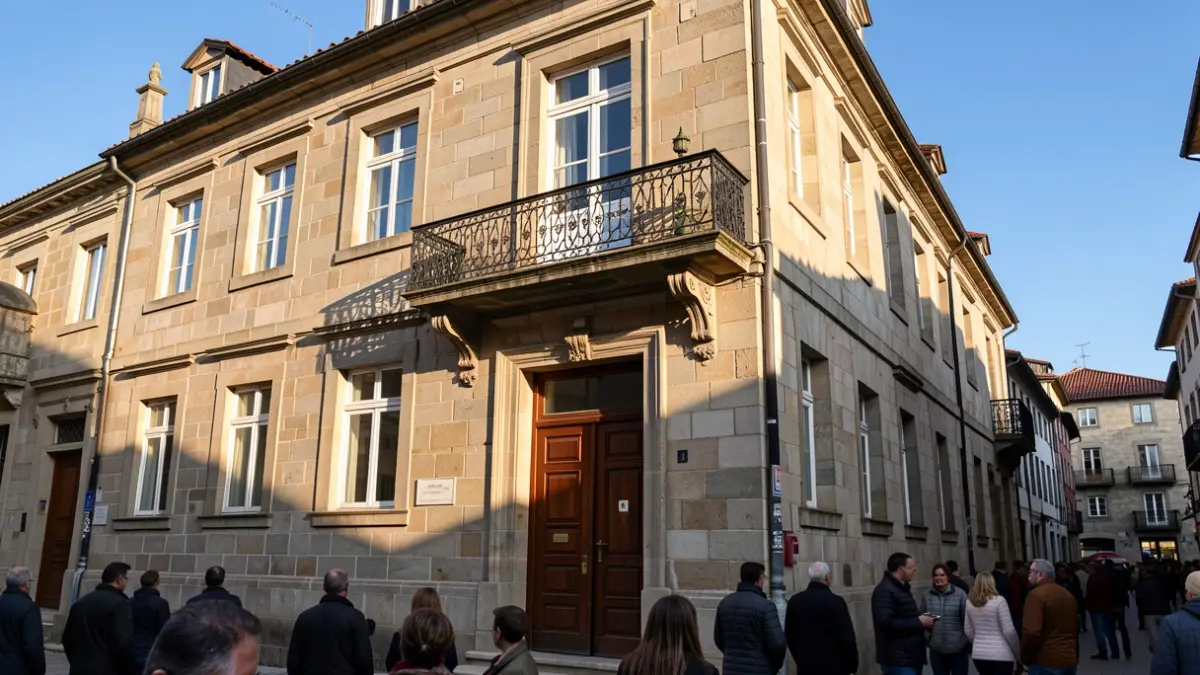Fachada de granito de un ayuntamiento gallego con balcón ornamentado y barandillas de hierro, cálida luz solar de la tarde proyectando sombras en las paredes de arenisca, cielo azul, estilo fotográfico documental, arquitectura regional.