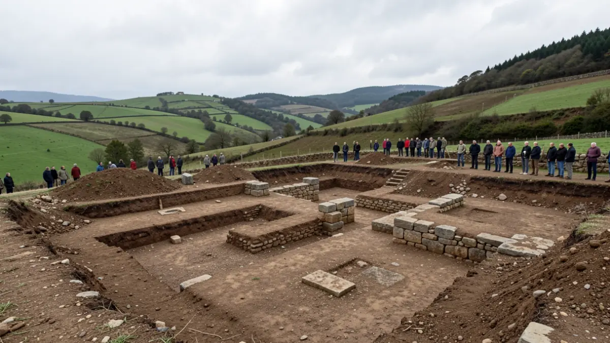 Generic image of an archaeological site in Galicia with excavated stone structures and vegetation in the background.