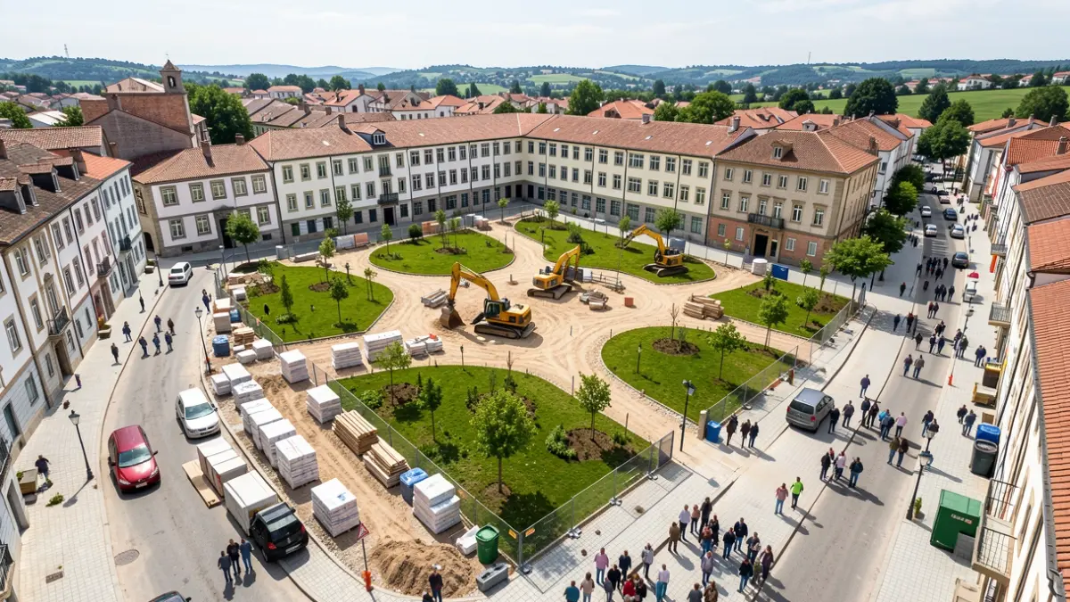 Imaxe aérea dunha obra de humanización na contorna dun colexio en Galicia.