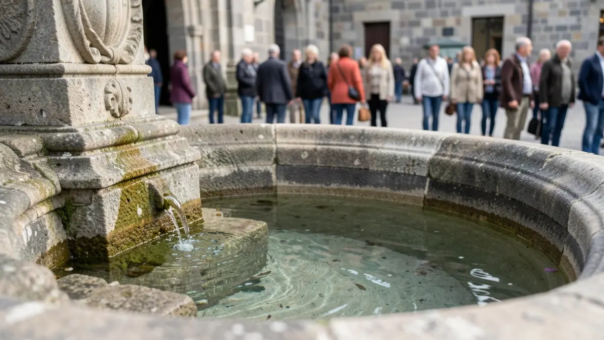 Primeiro plano dunha fonte de pedra antiga con detalles de cantería do século XVIII e auga clara.