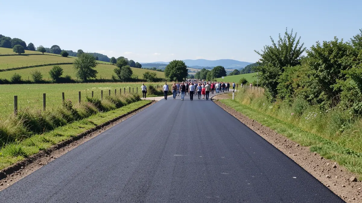 Imaxe xenérica dunha estrada rural galega recentemente acondicionada con novas cunetas e pavimento.