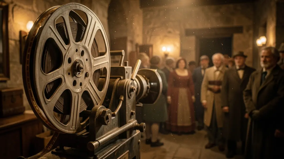 Imaxe xenérica dun rolo de película antiga e dun proxector nunha sala con pouca luz.